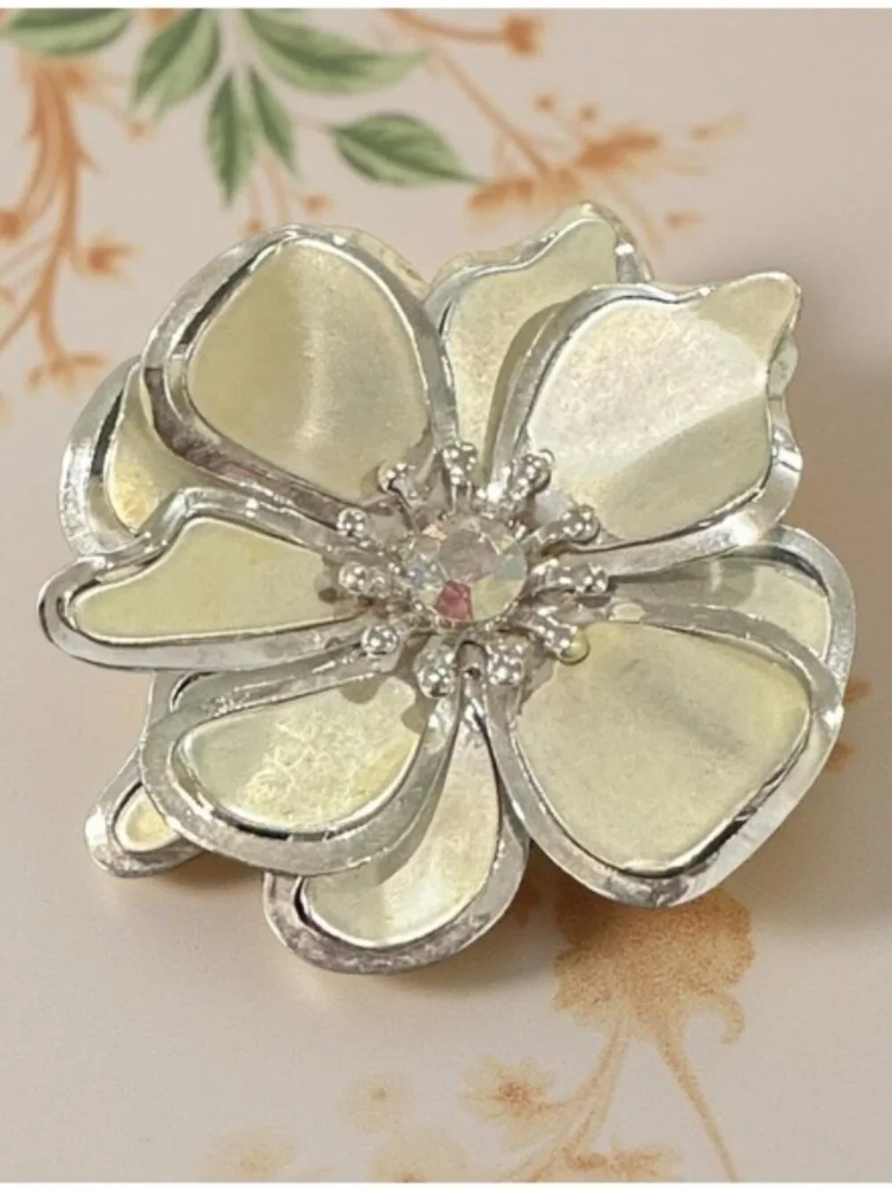 Vintage Brooch Flower Shaped AB Crystal Center Gold Silver Tone Costume Jewelry